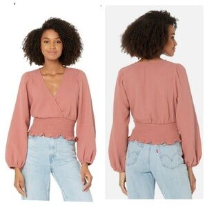 Madewell Julianne Lightspun Smocked Waist Top Dusty Rose V-Neck Size XL